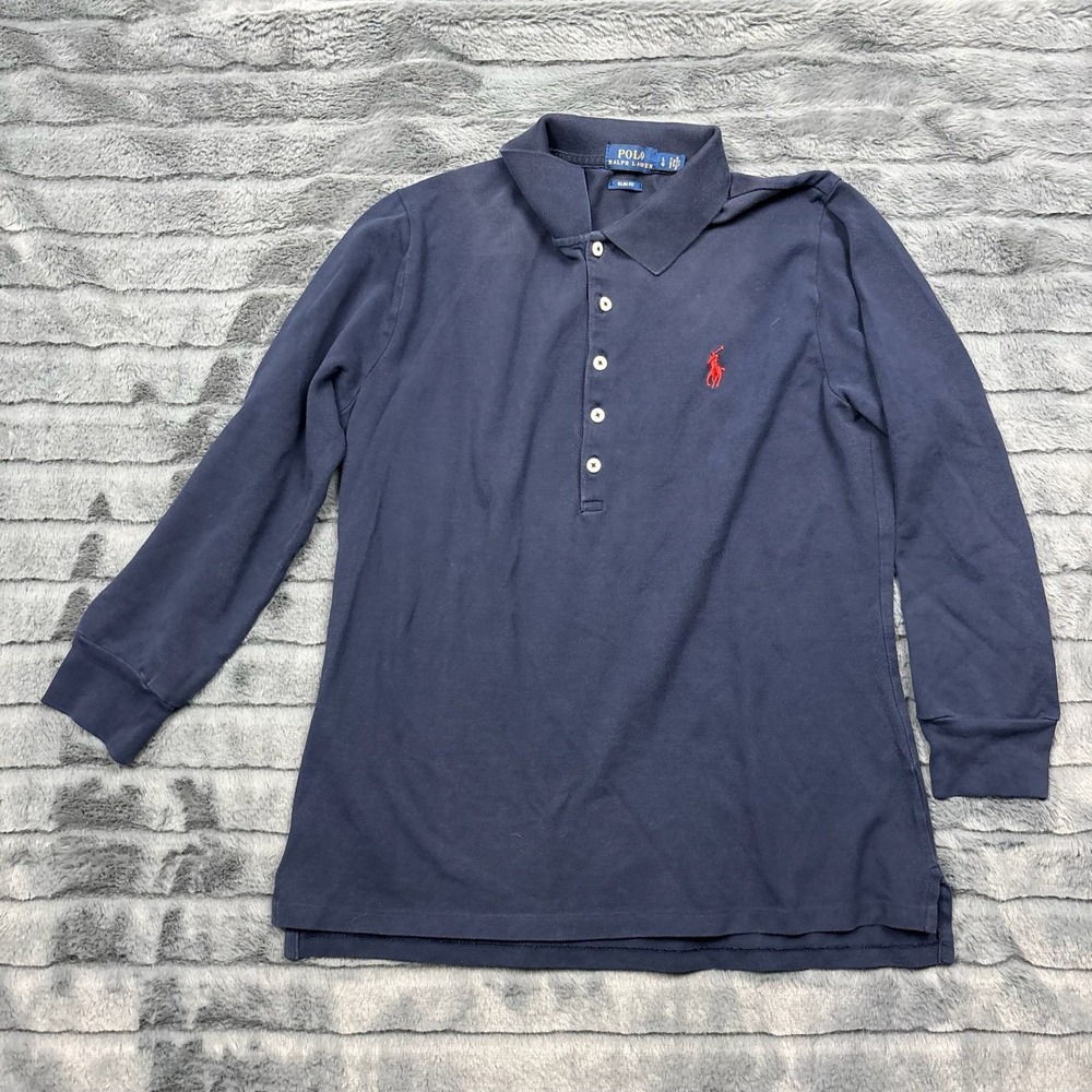 Polo Ralph Lauren Boys Navy Blue Long Sleeve Slim Fit Polo Shirt Size Large L G